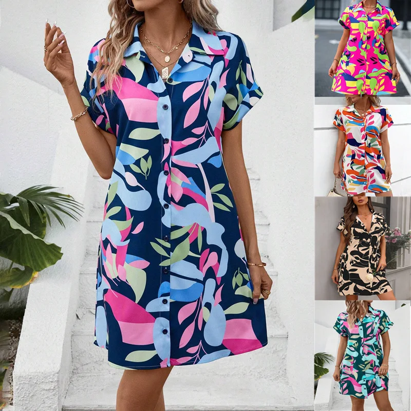 Colorful Flower Print Short Sleeve Midi Shirt Dress