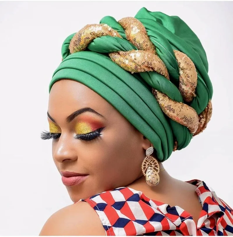 African Headtie Bonnet Hat Twisted Turban Women Muslim Sequin Braid Head Wrap Scarf Shimmer Pleated Hijab Cap Aso Oke Auto Gele