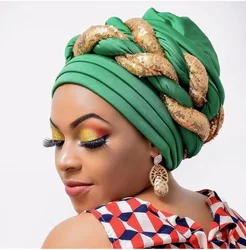 African Headtie Bonnet Hat Twisted Turban Women Muslim Sequin Braid Head Wrap Scarf Shimmer Pleated Hijab Cap Aso Oke Auto Gele