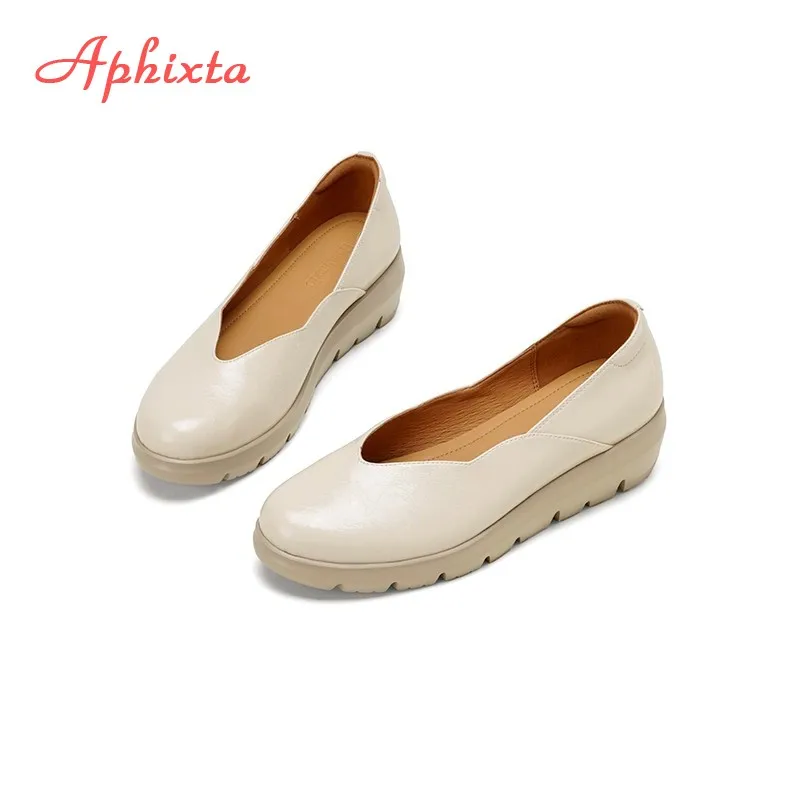 Aphixta Wedge Heel Woman Loafers Shoes Platform Slip on Shallow Concise Soft Leather Yellow Casual Shoes Size 42 Ladies Shoes