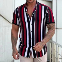 Men's short sleeved lapel striped printed button up shirt for summer leisure vacation, comfortable and soft Hawaiian shirt 1