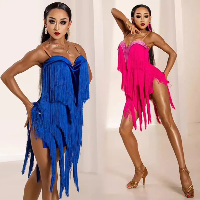 

New Latin Dance Competition Dress Women Sexy Royal Blue Rose Pink Fringe Dress Cha Cha Rumba Dance Performance Costume Adult