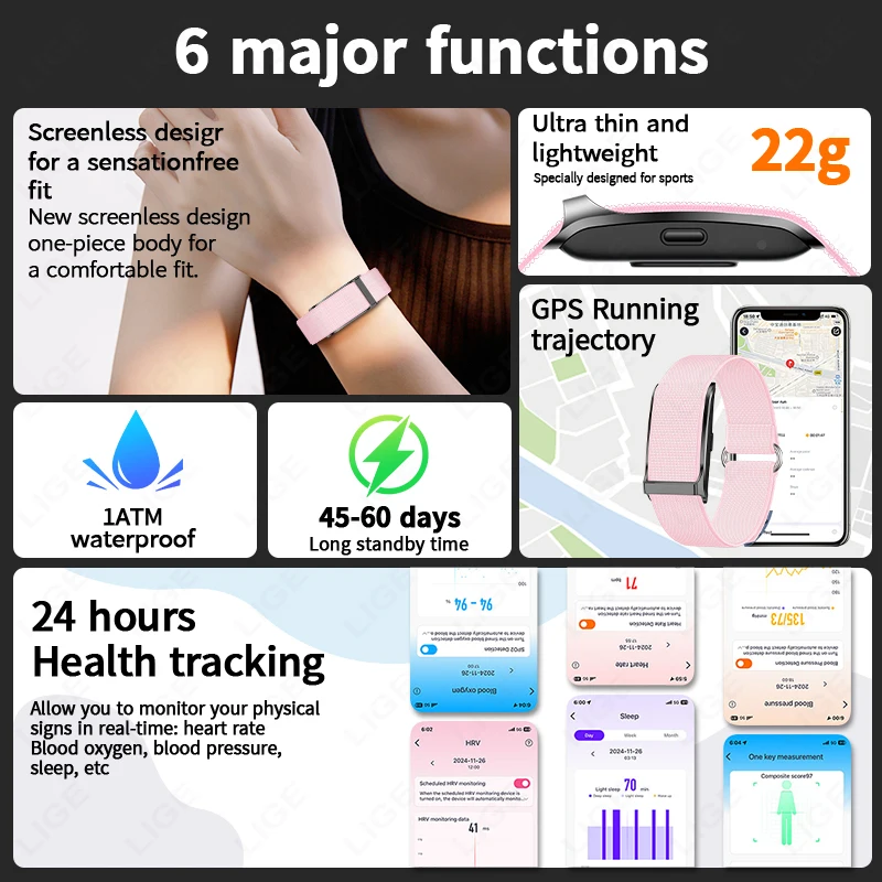 LIGE Smart Bracelet For Android IOS Women Smartwatch Men Heart Rate Blood Oxygen Waterproof Sport Smart Band Watch Ladies Gift