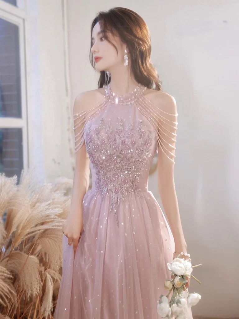 

Elegant Pink Celebrity Dress Sequins Beading Halter With Tassel Sleeve A Line Exquisite Floor Length Prom Evening Gowns