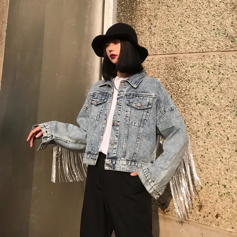 Women Light Blue Denim Jacket Female Sequins Tassel Coat 2023 New Single-Breasted Jeans Coat Spring Autumn Fashion New Clothing