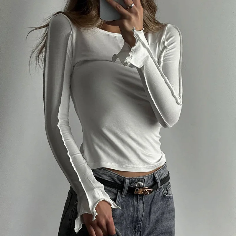 Camiseta interior de retazos de moda para mujer, top de cintura alta, liso, ajustado, informal, irregular, fruncido, ropa de calle para mujer, camiseta para viajar al trabajo