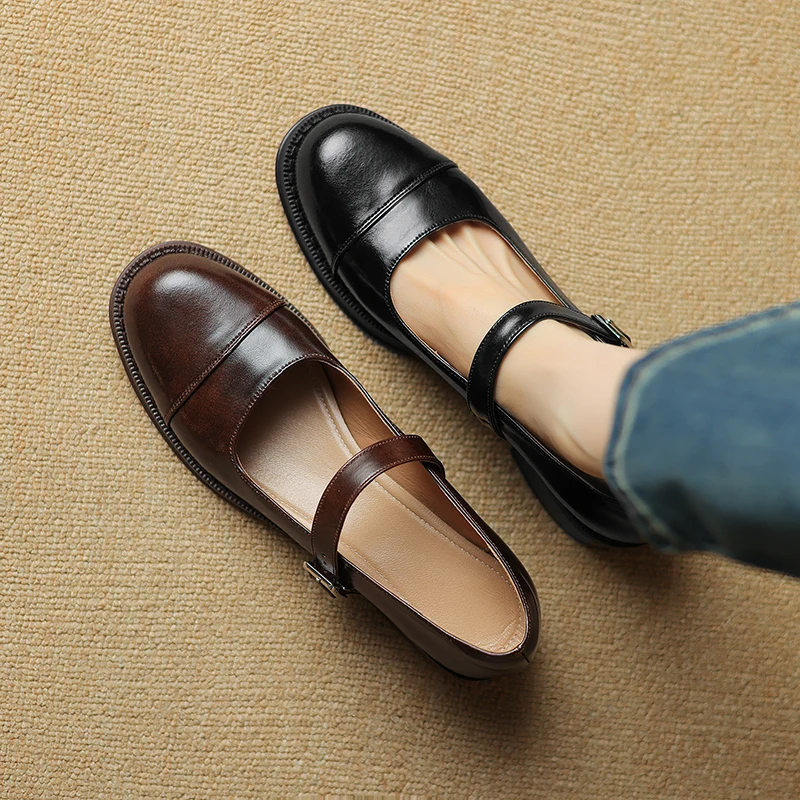 Fashion Spring Summer New Round Toe Concise Women Pumps Solid Split Cow Leather Buckle Square Low Heels Female Shoes Size 34-39