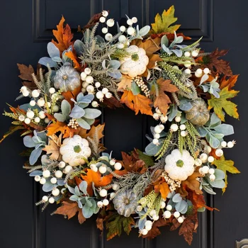 Artificial Eucalyptus Wreath for Front Door Fall Wreath Green Leaf Pumpkin Wreath for Harvest Thanksgiving Festival Porch Decor 1