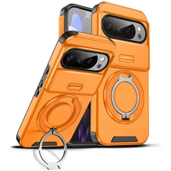 Enhanced Protective Armor Case with Magnetic Ring Bracket and Slide Lens Cover - Google Pixel 8 Pro (Orange)