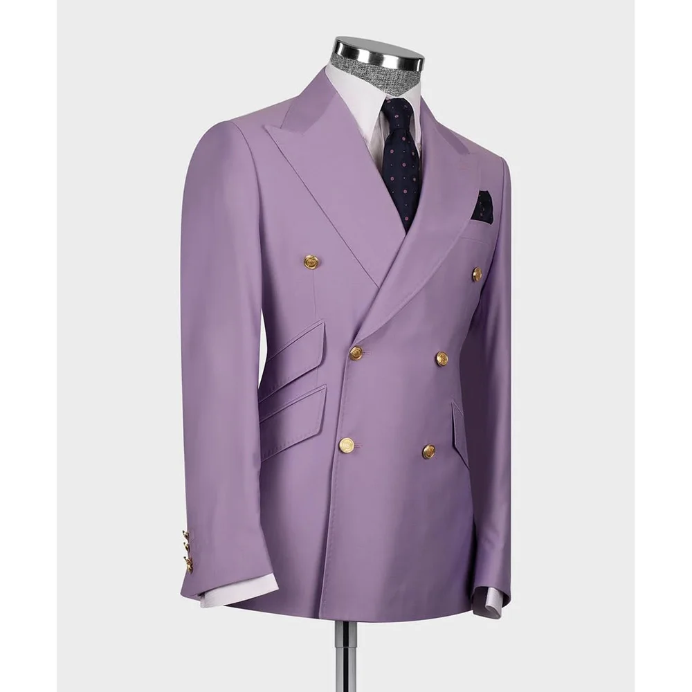 Elegant Purple Men Suits Double Breasted Peak Lapel Male Clothing Luxury Wedding Groom 2 Piece Jacket Pants Sets Full Set Terno 2