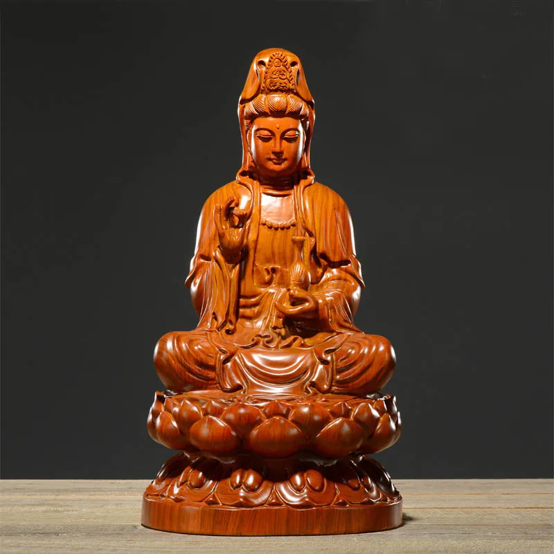 

Special Offer--20cm -HOME Spiritual protection Bless family # Handmade Yellow pear wood carving Lotus Guanyin Buddha statue