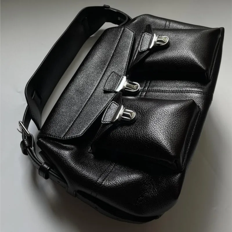 Retro Black Messenger Bag Women Hot Girl Leather Large Capacity Multi Pocket Tote Bag Ladies Sle Commute Shoulder Crossbody Bag