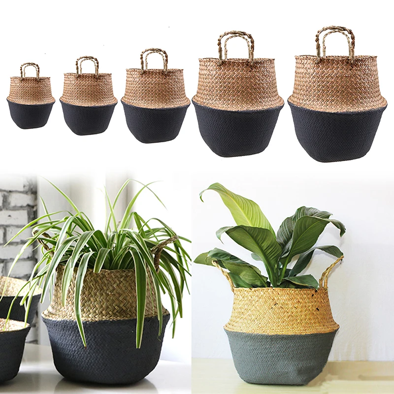 

5PCS Black Basket Natural Seagrass Storage Baskets with Handle Foldable Planter Picnic Toys Clothes Organizer Garden Container