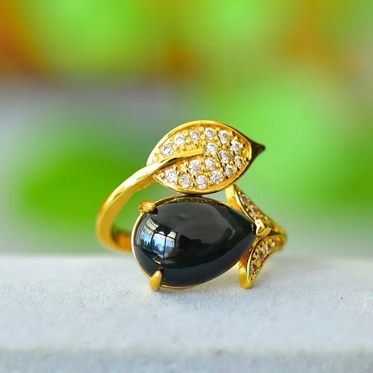 

Prong Setting Golden Hetian Jade Women's Rings Adjustable Black Gemstone Accessories Branded Jewelry Fine Women Jewellery Luxury