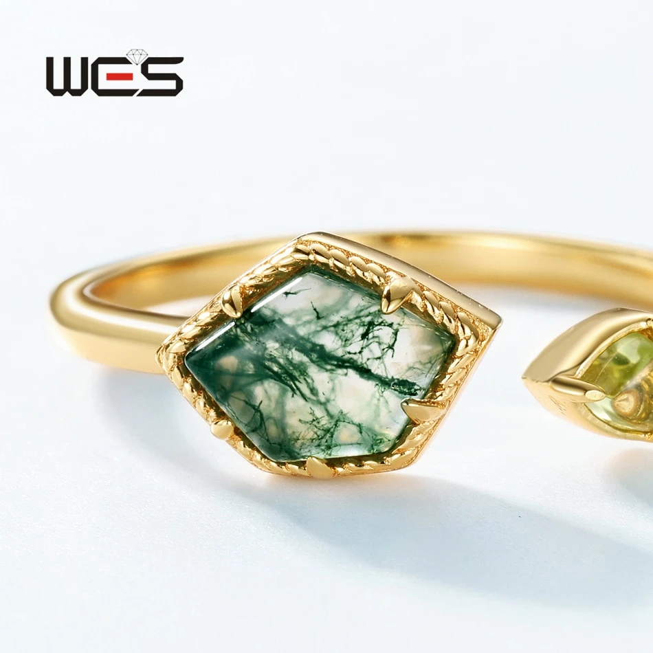 WES 925 Sterling Silver Natural 5*7mm Moss Agate Adjustable Rings for Women Geometirc Gold Plated Wholesale Trendy Gifts Jewelry
