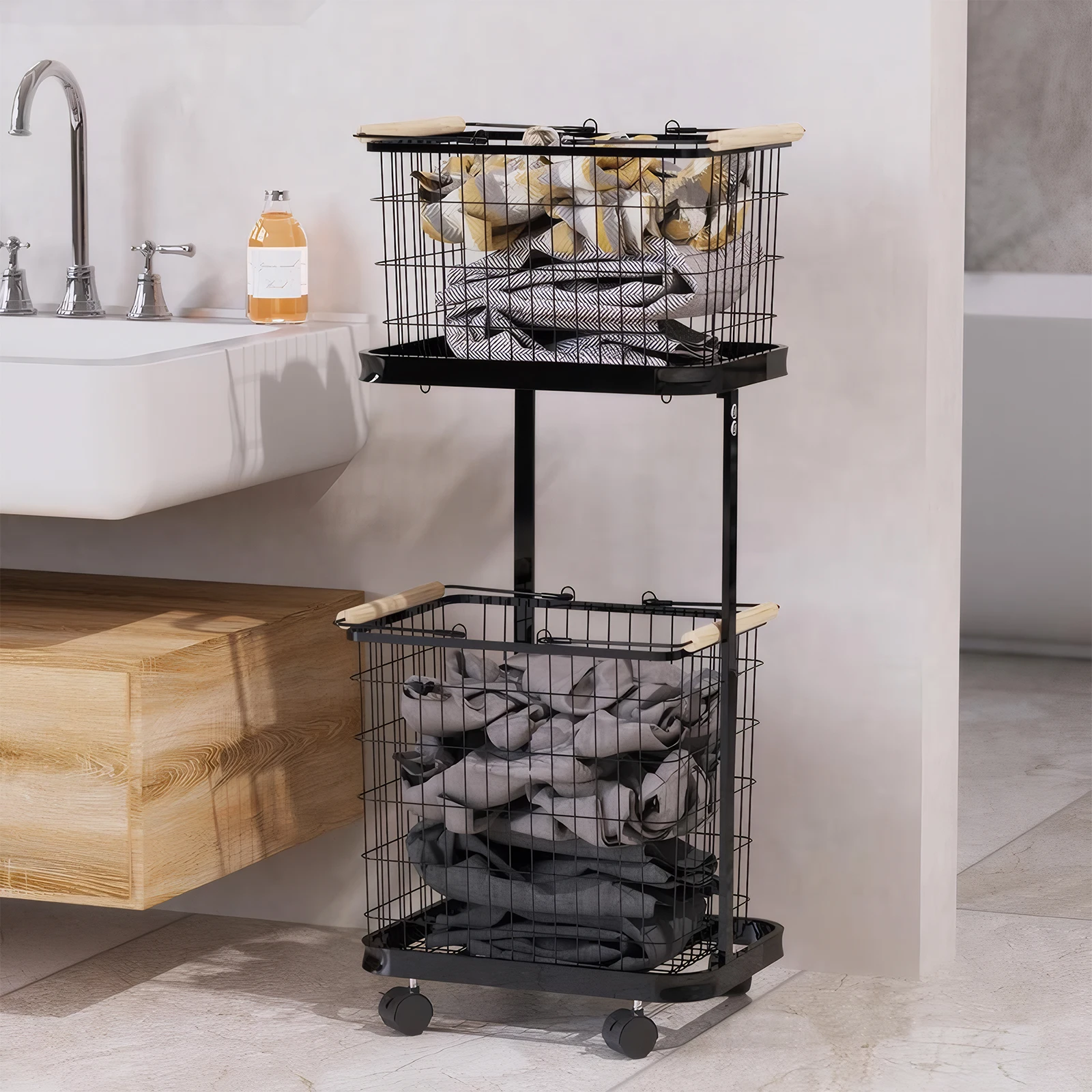 2 Tier Rolling Laundry Basket with Wheels Metal Storage Cart Laundry Hamper Trolley for Laundry Room Bathroom Bedroom