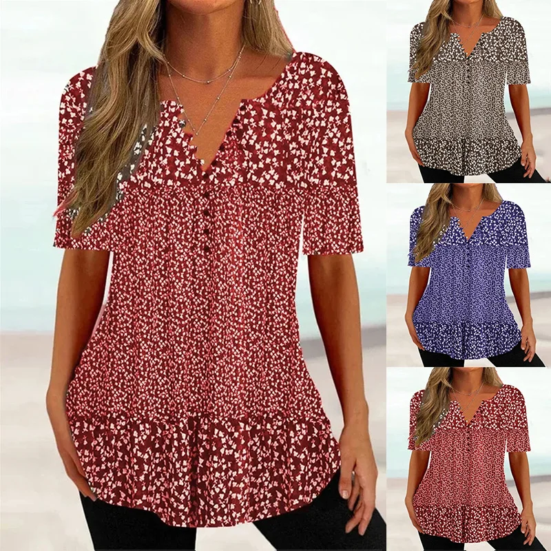 

Women's Summer Loose V-neck Pullover Short Sleeve Button Print T-shirt Shirt Female & Lady Fashion Casual Tops