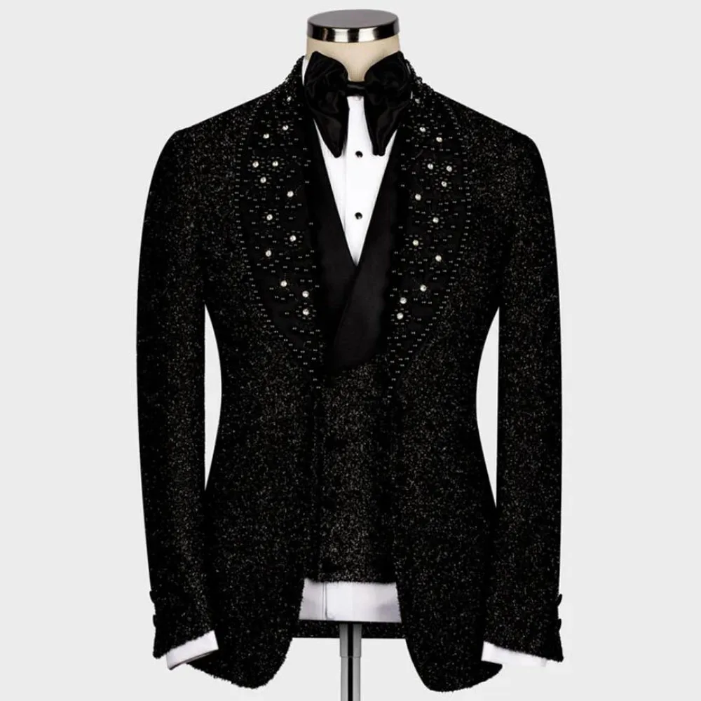 

Блестящие черные мужские костюмы, роскошные блейзеры с жемчужинами и отворотами, комплекты из 3 предметов для официальной вечеринки, смокинг для жениха, костюмы для мужчин