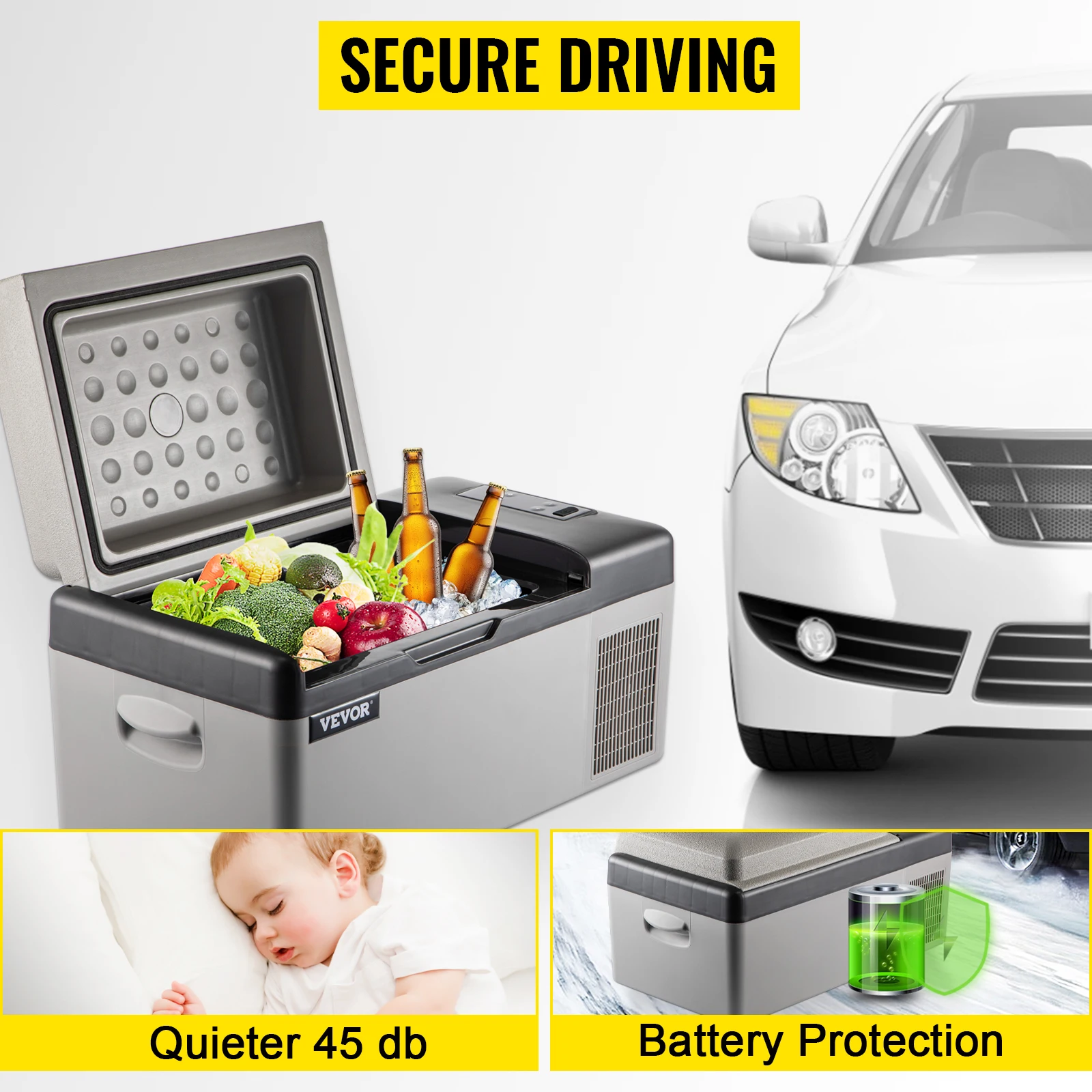 VEVOR portable refrigerator near a car, filled with food and drinks, with battery protection.