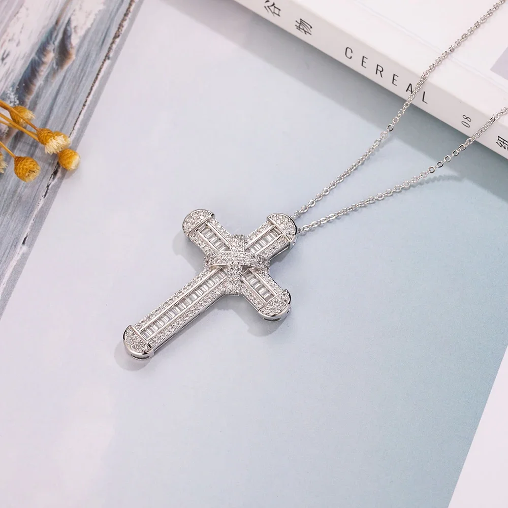 New 925 Silver Exquisite Bible Jesus Cross Pendant Necklace for women men Crucifix Charm Simulated Platinum Diamond Jewelry N028