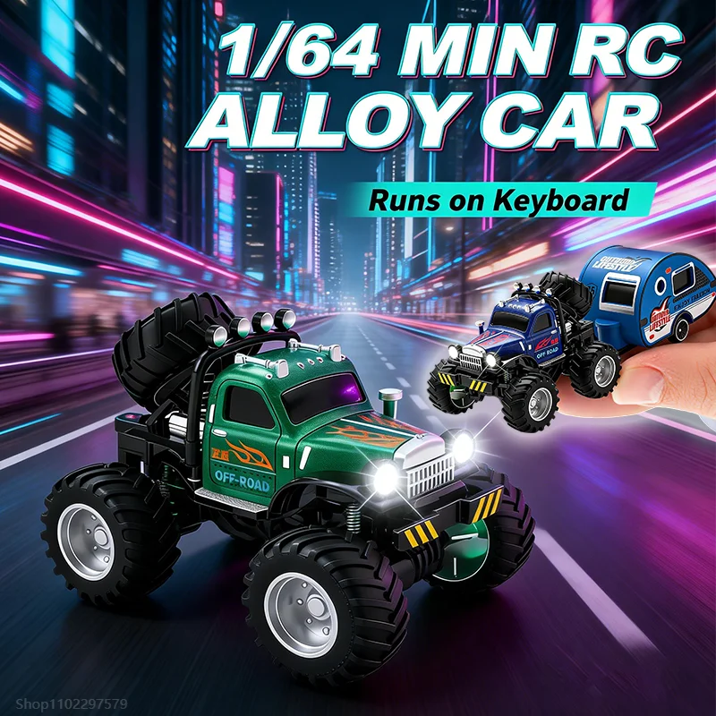 새로운 미니 RC카 1/64 스케일 몬스터 트럭 트레일러 포함 견고한 합금 쉘 리모컨 2.4Ghz 앱으로 경로 설정 가능 어린이 애완동물 장난감