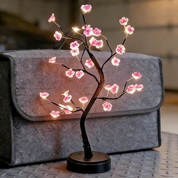 Table Pink Flower Night Light USB Battery Touch Switch Artificial Bonsai Cherry Blossom Desktop Tree LED Lamp Light Decoration 1