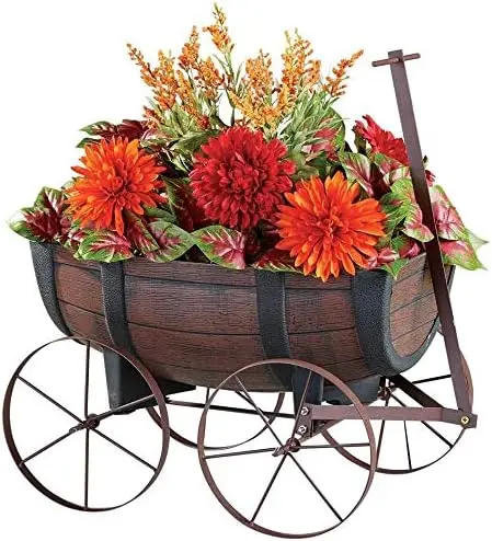 

Rustic Whiskey Barrel Wagon Planter with Handle and Drainage Hole by SkyMall