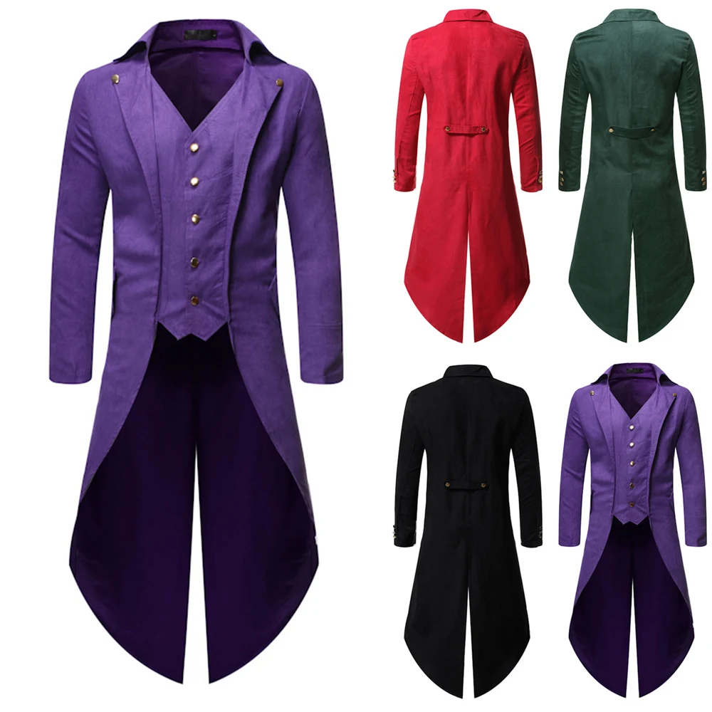 

Men Solid V Neck Button Irregular Hem Steampunk Retro Victorian Punk Tailcoat Party Costume Long Coat Clothes Frock Jacket Coats