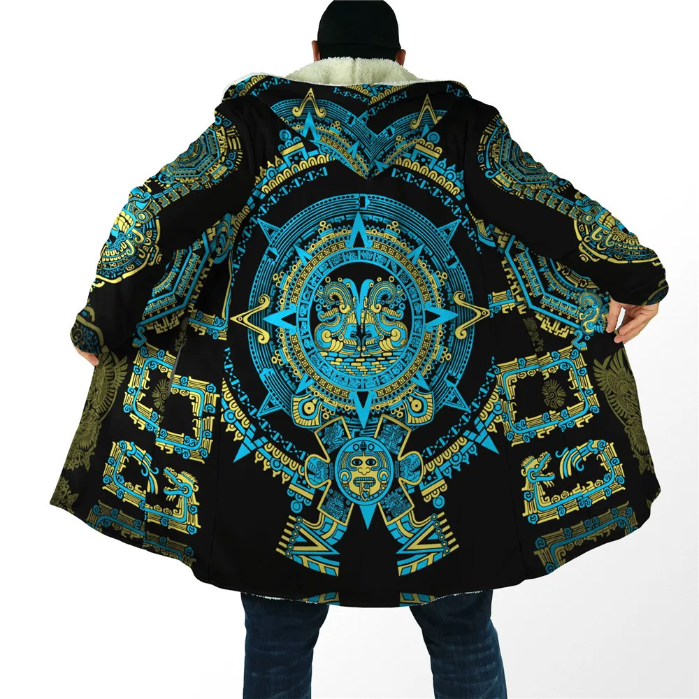 HX Winter Mens Cloak Mexican Blue Aztec Pattern Thick Warm Hooded Cloak for Men 3D Printed Windproof Cape Hooded Blanket gaming mouse pad mexican pattern non slip rubber mouse pad for computers laptop rectangle personalized mousepad 9 5x7 9 inch