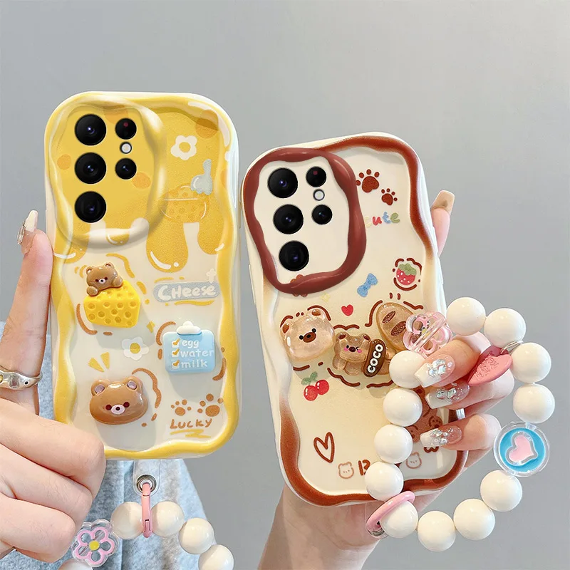 Cartoon Cute 3D Bear Bracelet Wave Phone Case For Samsung Galaxy S24 Ultra S23 S22 S21 S20 FE A25 A54 A34 A24 3D Soft Back Cover_voghion.com