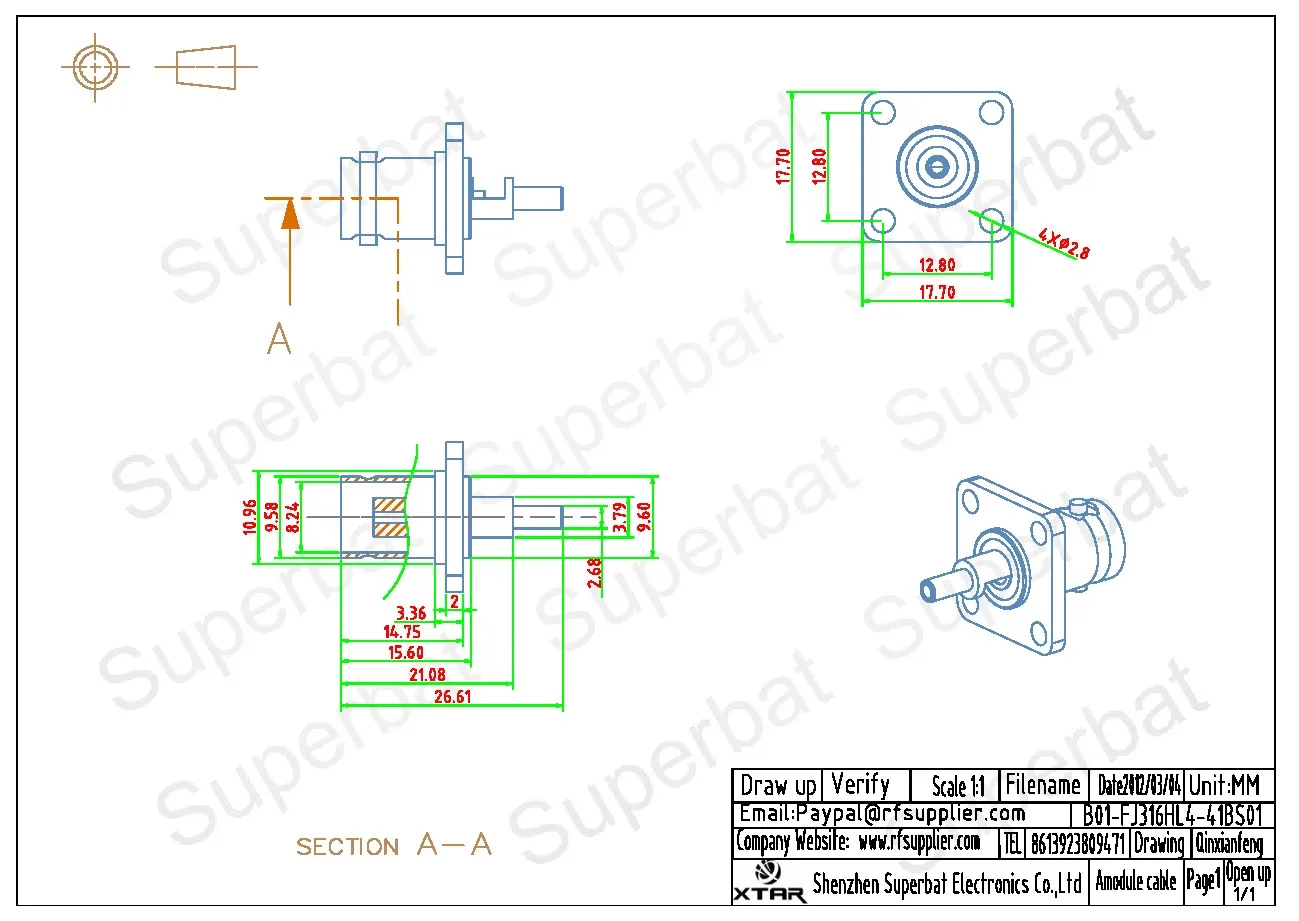 Superbat 10pcs BNC Crimp Female 4 Hole Panel Flange Mount(17.5mm*17.5mm) RF Coaxial Connector for Cable RG316,RG174,LMR100,RG179