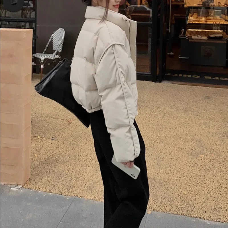 puff-down-jacket-for-women's-winter-short-standing-neck-solid-white-duck-fashionable-bread-f197