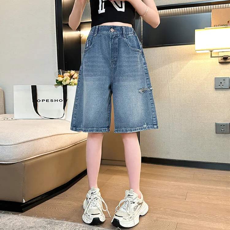 Teens Girls' denim Half Pants Summer Western-style holed shorts Girls Casual Solid Color Children Knee Length Pants