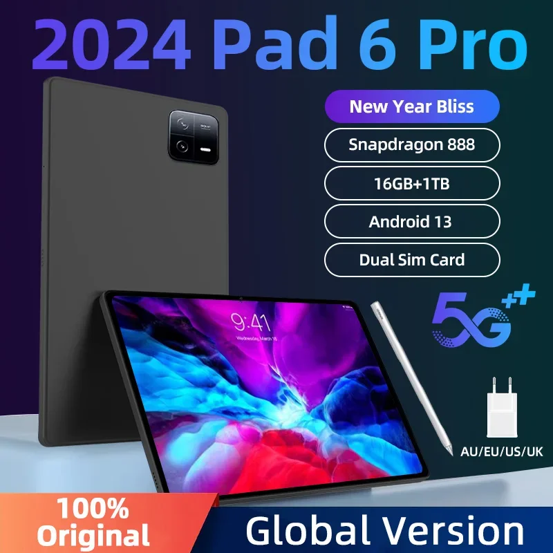 

2024 New Global Version Pad 6 Pro Android 13 Tablets PC Snapdragon 888 RAM 16GB+ROM 1TB 5G Dual SIM Card 10000mAh HD 4K Mi Tab