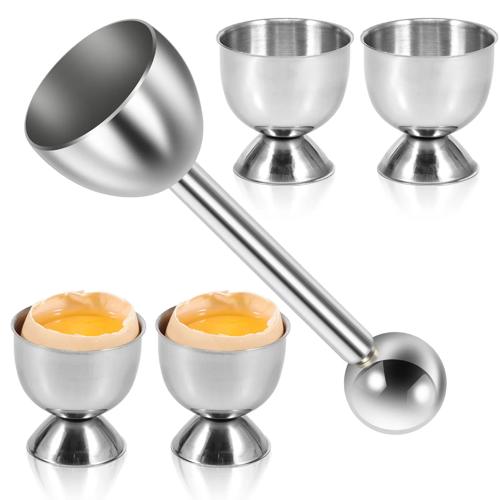 Egg Cracker Topper Set 5Pcs Stainless Steel Egg Topper Cutter Portable Cutter Tool with 4 Cups For Kitchens Egg Shell Opener Egg Opener