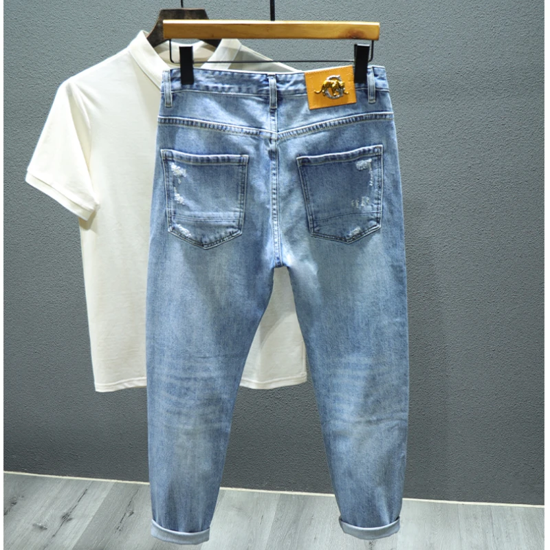 Spring New Blue Ripped Hole Jeans Men's Elastic Slim Stitching Patch Korean Fashion Male Clothing Denim Trousers Streetwear