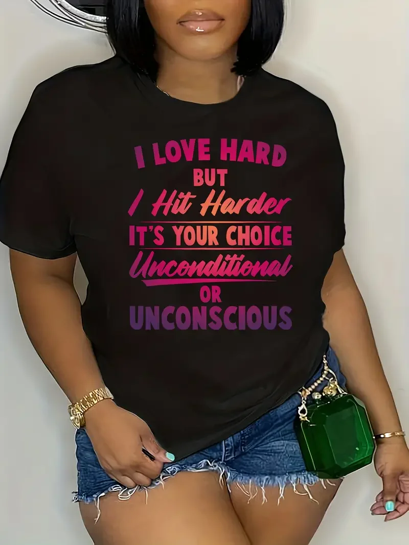 플러스 사이즈 레터 프린트 티셔츠, 캐주얼 크루넥 반팔 티셔츠, 여성 플러스 사이즈 의류