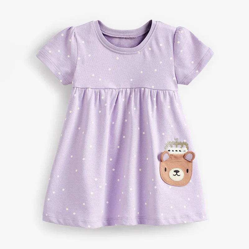 Summer Purple Kids Baby Girls Clothes Short Sleeves Dresses Cartoon Bear Children's Clothing Vestidos Cotton