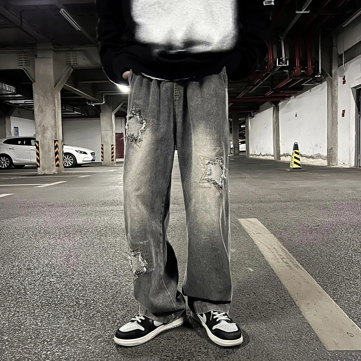 

Spring Summer Star Patch Jean Pants Hole Burrs Patchwork Denim Pants Male Straight Loose Mopping Trousers Hip Hop Jeans