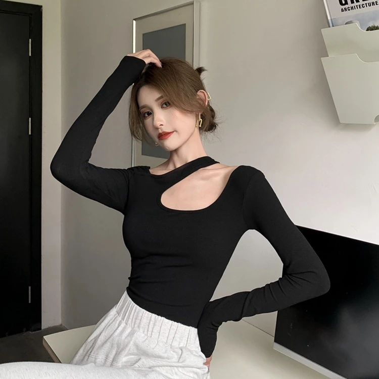 Y2K T-shir Woman Auumn Sexy Skinny Tee Shir Femme Long Sleeve Haler Clohes Hollow Ou Korean Fashon Kpop Tops964_voghion.com