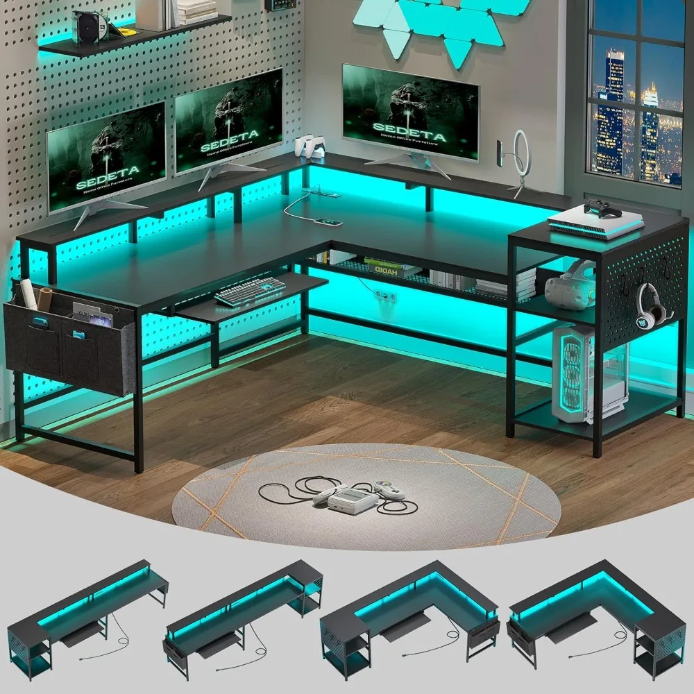 

L-shaped black flip over with power socket and LED strip, display stand, keyboard tray, nail board and storage rack game table