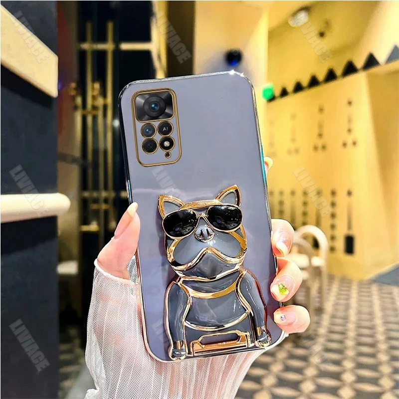 Étui de support de placage de bouledogue pour lunettes de soleil, pour Xiaomi Redmi Note 11 8 9 Pro Max 10 12 10s 11s 9A 9T 9C Nfc 4G 5G_voghion.com