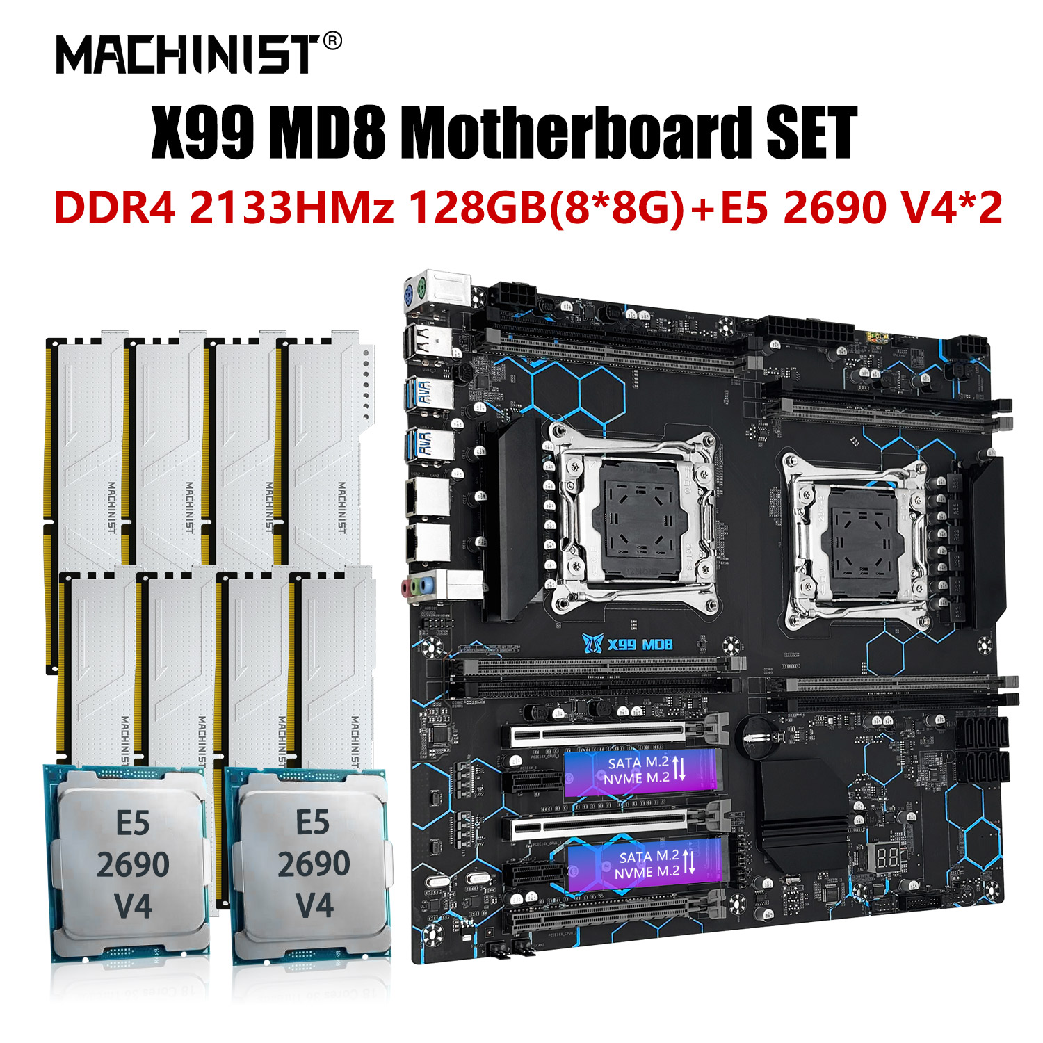 MACHINIST X99 Kit Motherboard LGA 2011-3 Xeon E5 2690 V4 Dual CPU Processor Set ECC DDR4 8*8GB 2133mhz RAM Memory E-ATX MD8