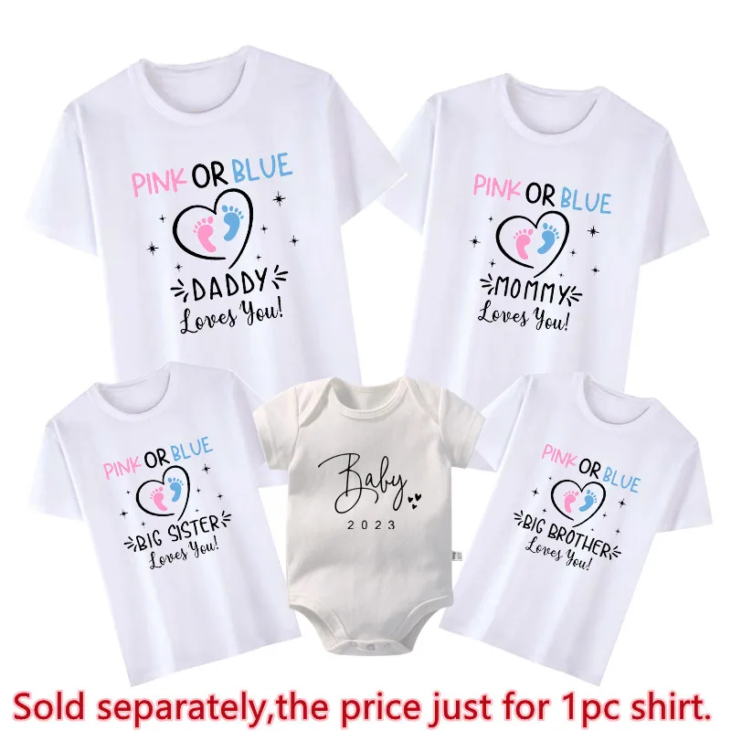 New Family Matching Outfits Pink or Blue Dad Mom Loves You T-shirts Big Brother Sister Baby Announcement Tops Family Look Shirts 4