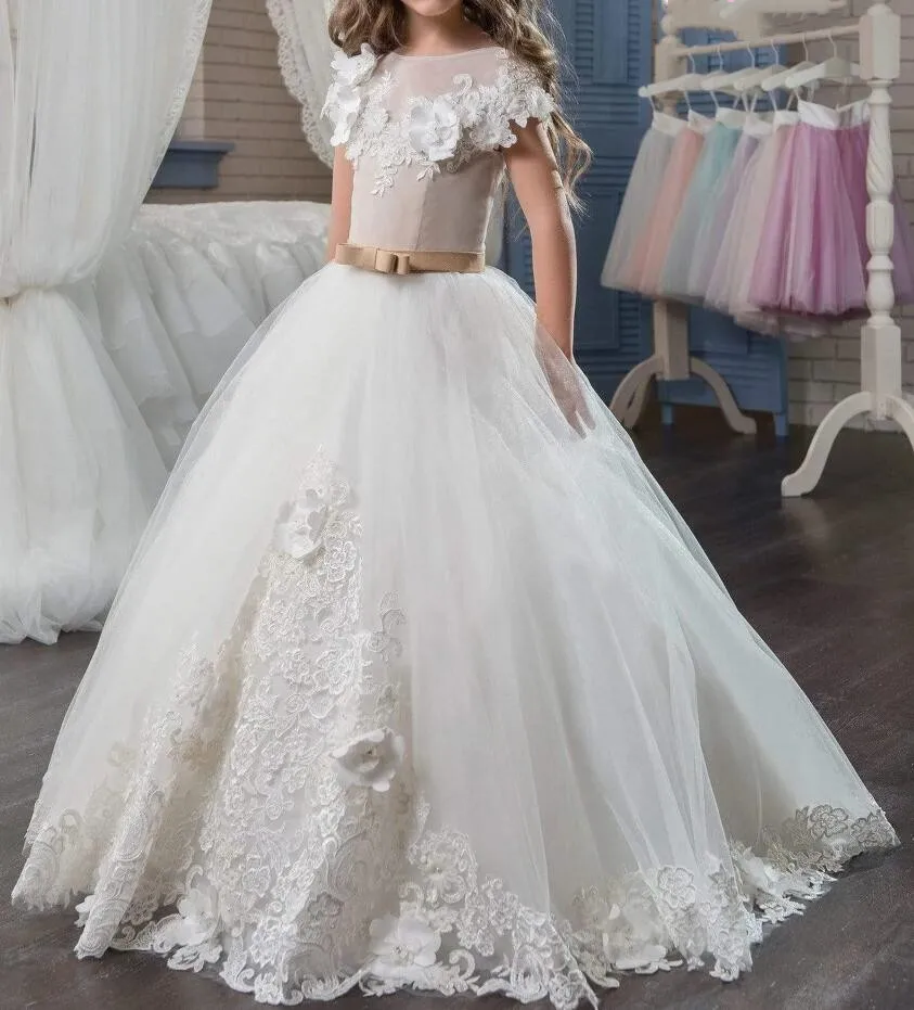 

Ivory White Flower Girl Dress Lace Layers Tulle Puffy Princess First Communion Dresses Child Wedding Party Gowns