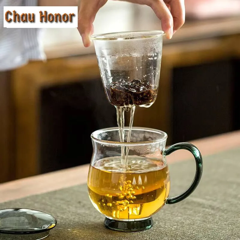 350ml Transparent Glass Teacup with Lid Creative Filter Mug Personalized Water Jug Three Piece Set Personal Office Mug Drinkware