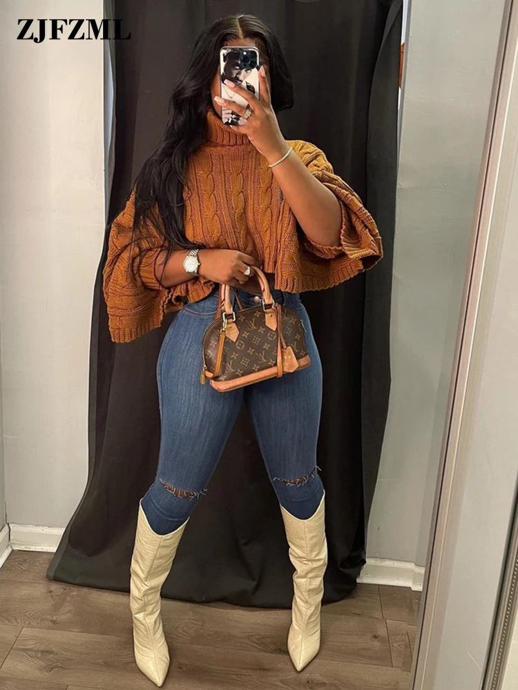 

Autumn Fashion Solid Color Irregular Hem Cropped Lounge Warm Sweaters for Female Batwing Sleeve Turtleneck Sweaters Streetwear