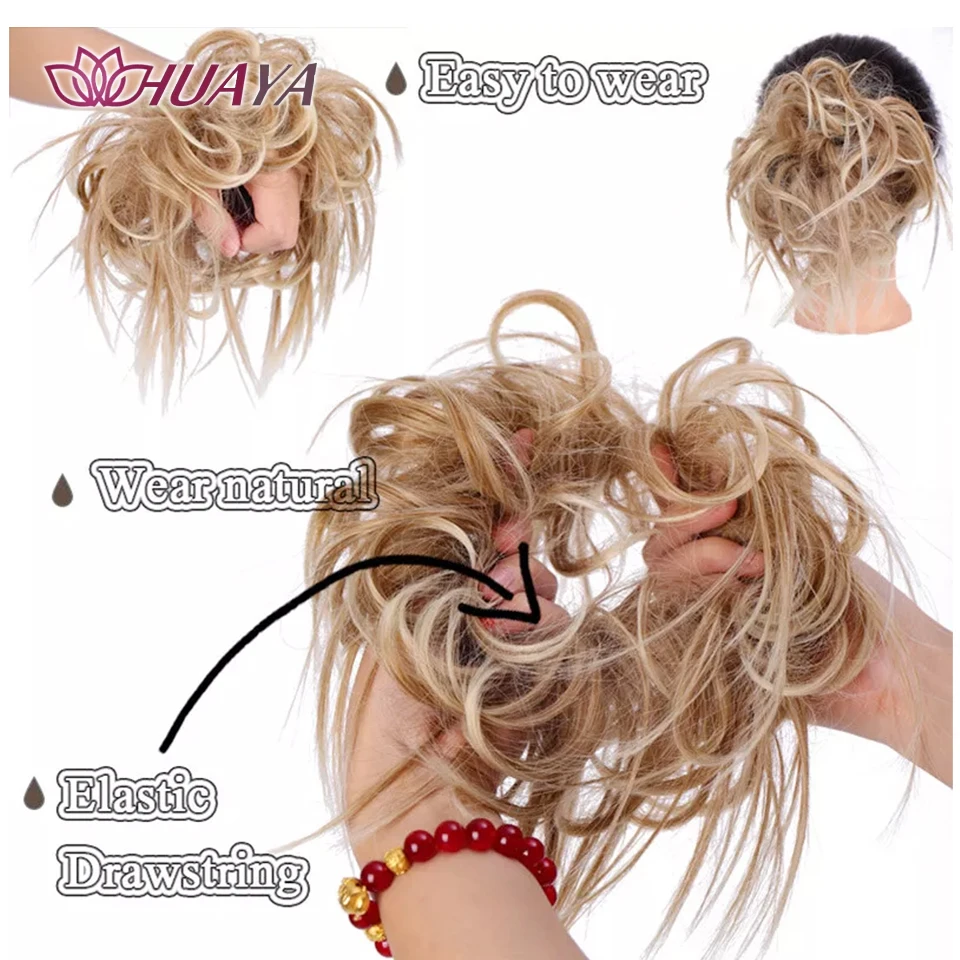 Women Synthetic Chignon Messy Bun Hair Piece Tousled Updo Hair Extensions Black Brown Golden Elastic Rubber Band Fake Hair