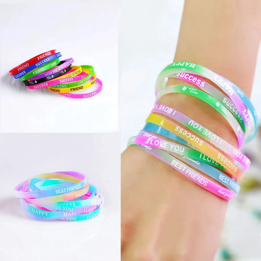 Letter Sports Silicone Bracelet Luminous Elastic Wrist Strap Candy Color Motivational Fashion Accessory Child Teens 10pcs 5mm