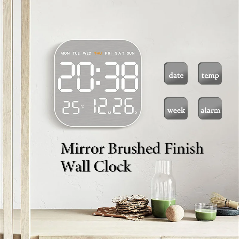 Wall Clock Mirror Brushed Finish Silent Table Alarm Temp Display Bedroom Office Living Room Decor